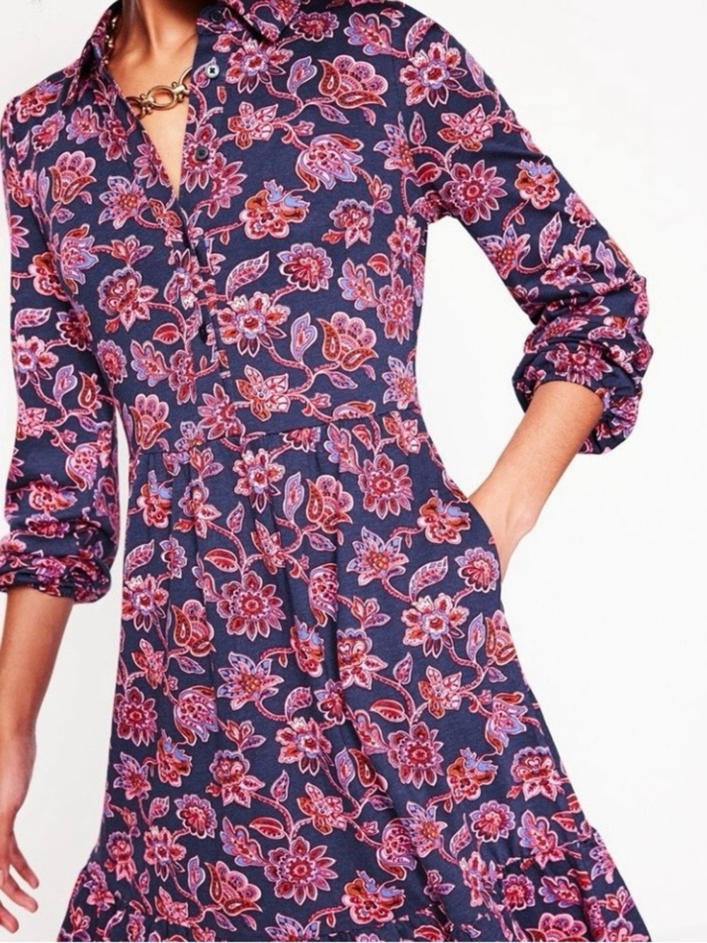 Boden Floral Shirt Dress in Navy and PinkSize 2R